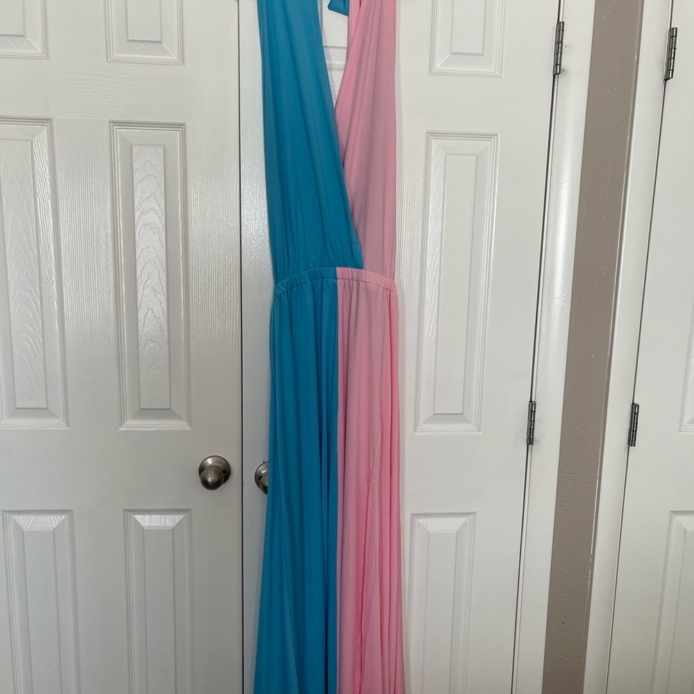 Blue and pink dress.